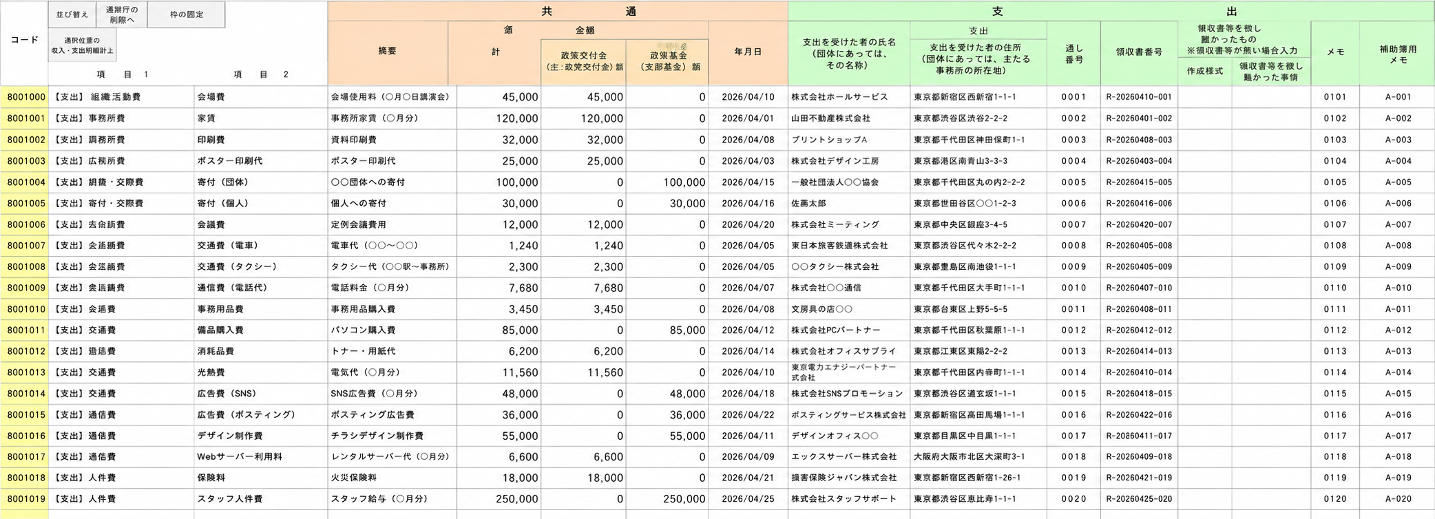 総務省 会計帳簿作成ソフト(Excel)への転記イメージ